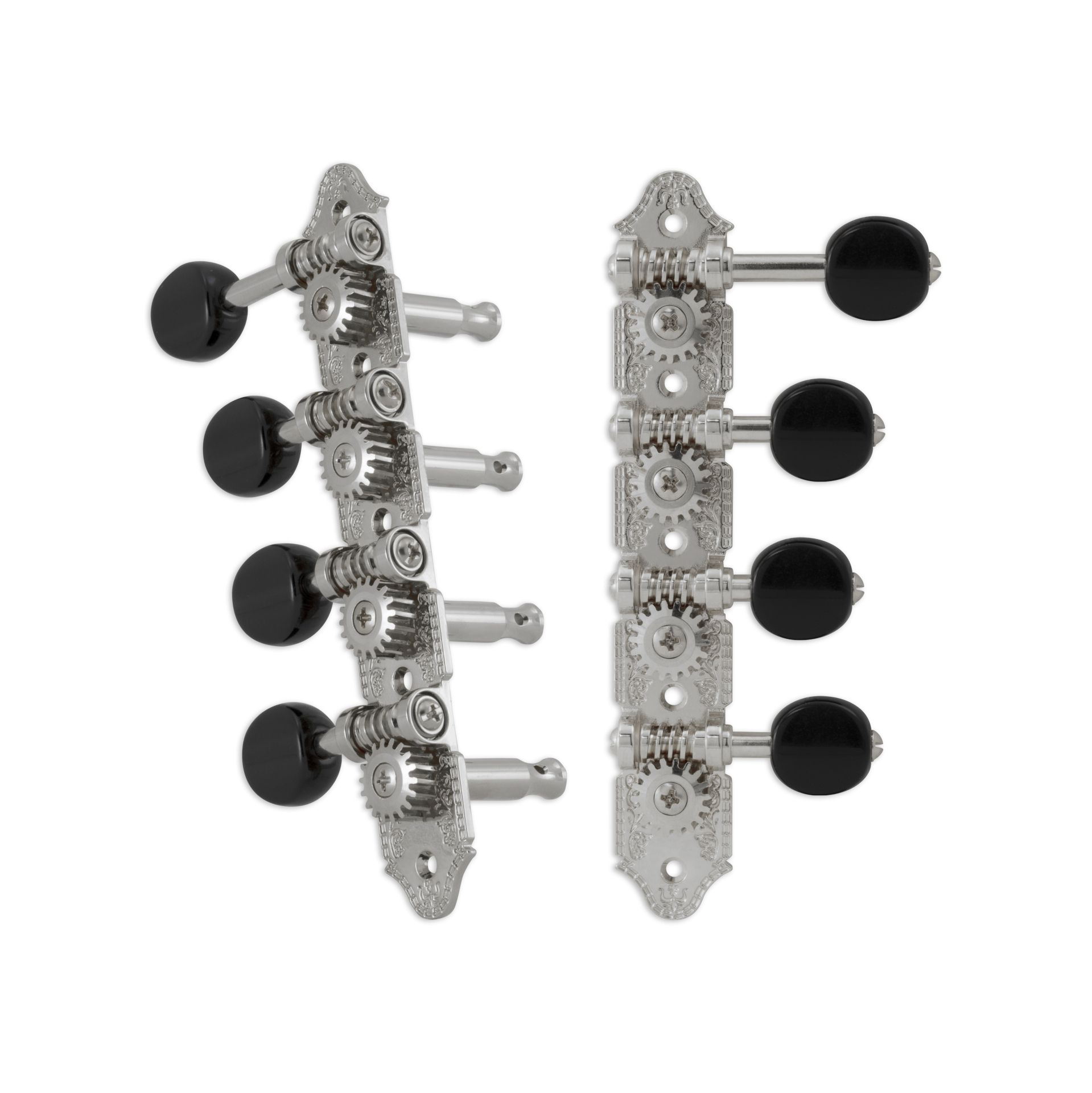 Grover 409FCB Professional Mandolin Machines with Black Button - Mandolin Machine Heads, Standard 4 + 4, for "F"-Style Mandolins - Chrome