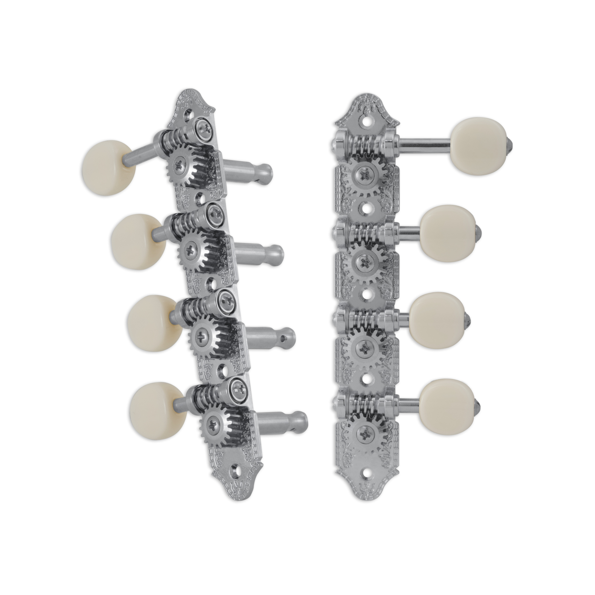 Grover 409FCW Professional Mandolin Machines with White Button - Mandolin Machine Heads, Standard 4 + 4, for "F"-Style Mandolins - Chrome
