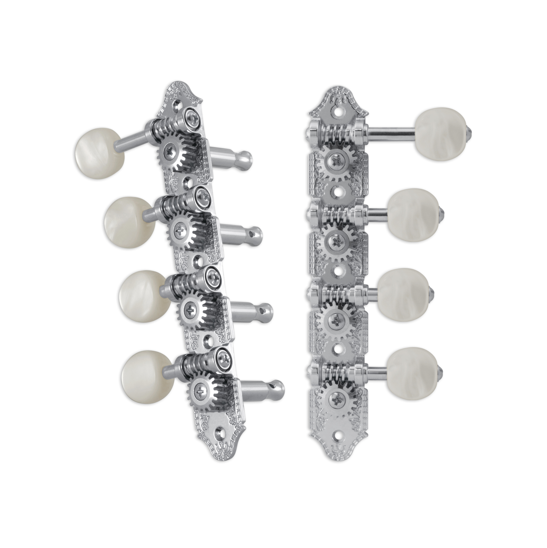 Grover 409FC Professional Mandolin Machines with Pearloid Button - Mandolin Machine Heads, Standard 4 + 4, for "F"-Style Mandolins - Chrome