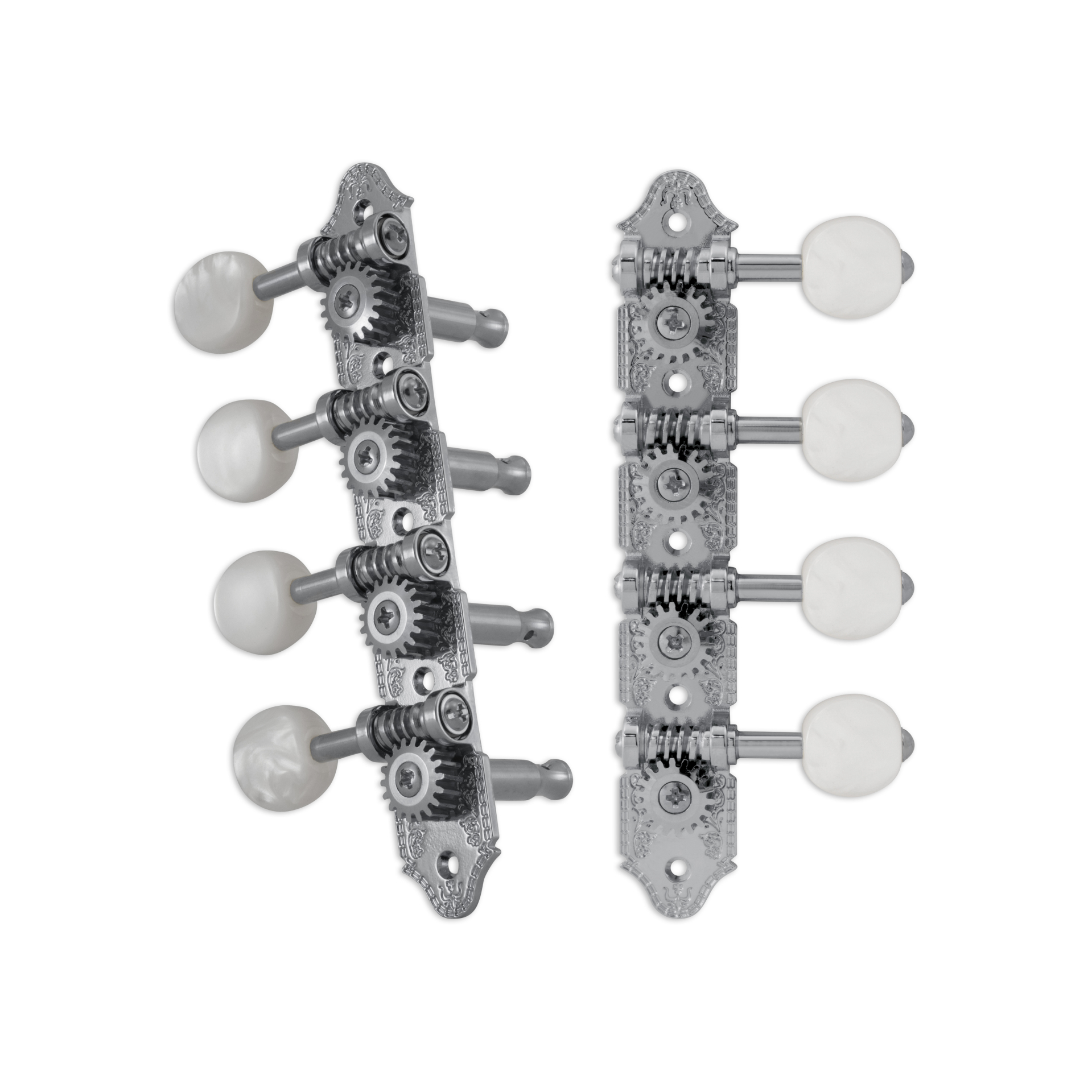Grover 409C Professional Mandolin Machines with Pearloid Button - Mandolin Machine Heads, Standard 4 + 4, for "A"-Style Mandolins - Chrome